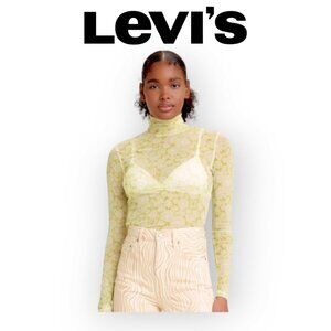 Semi Sheer Levi's Mesh Top XS Green White Daisy Print Mockneck Boho Layering